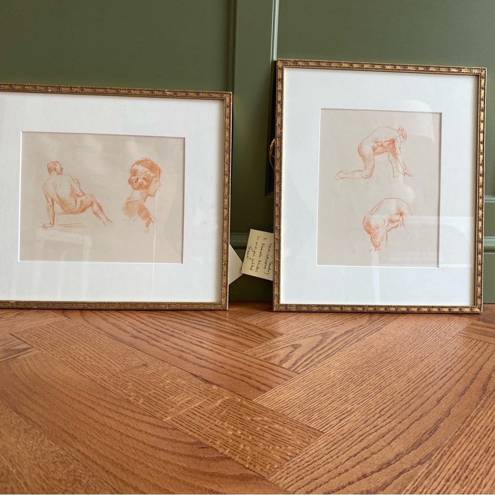 Elegant 19th French Pair of Original Serigraph Gold Nudes. Original Gold Frames